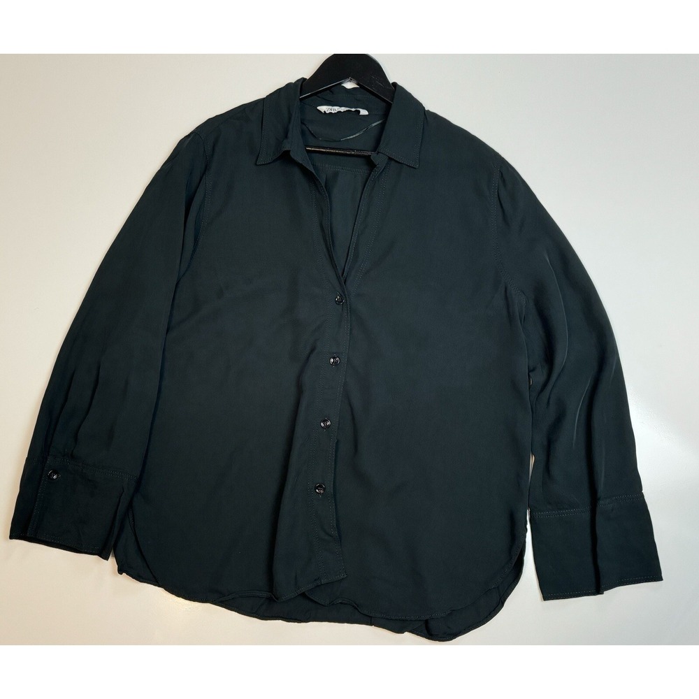 Zara Womens Shirt Button Down Open V Neck Silky Heavy Dark Green Long Sleeve XL
